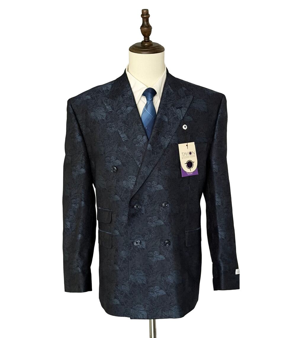 Tayion Sport Coat Men's 44 Short Double-Breasted Jacquard Blue Navy NWT